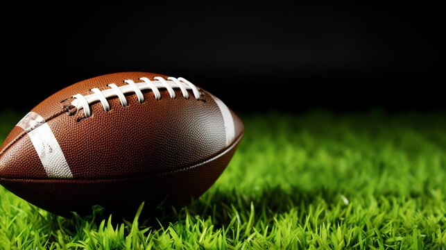 Closeup of an American football on a field, dark background, space for text