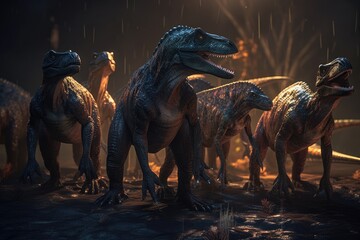 Fototapeta premium Dinosaurs. Extinct species of animals. Big strong toothy predators. Jurassic Period. triceratops, T-rex, brontosaurus, pterodactyl, stegosaurus, pteranodon, ceratosaurus, reptile