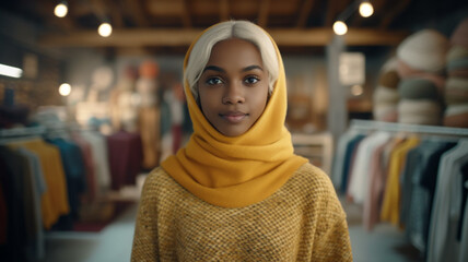 young adult woman with dyed blonde hair and yellow headscarf woolen scarf, knitted sweater, asian or indonesian, fictional, tanned skin multi-ethnic, smiling friendly sympathetic - obrazy, fototapety, plakaty