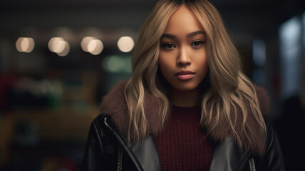 Fototapeta na wymiar asian young adult woman with long hair dyed blonde light brown and wearing sweater and leather jacket in a cafe or bar or restaurant, skeptical look, fictional location