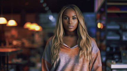 Fototapeta premium mature adult woman, multiracial, is shopkeeper or bar operator, tired or depressed, failure unsuccessful or fictional