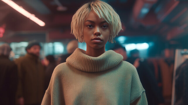 young adult woman with blonde dyed hair and knitted sweater, asian or indonesian or african american, tanned skin multi ethnic, annoyed bored, in a bar at night