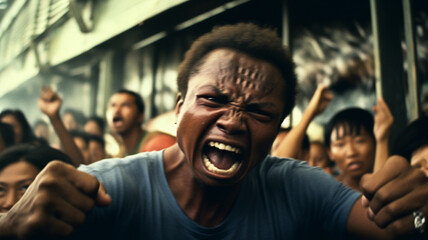 aggressive furious stunned adult mature man, open mouth, shouting or yelling or scolding, on a street with many other angry people, fictional