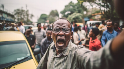 aggressive furious stunned adult mature man, open mouth, shouting or yelling or scolding, on a street with many other angry people, fictional - obrazy, fototapety, plakaty