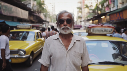 Taxi driver is waiting at the car cab taxi, india, fictitious location - obrazy, fototapety, plakaty