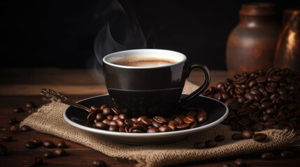hot coffee with coffee beans on wood table