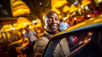 Taxi driver is waiting at the car, fictitious location - obrazy, fototapety, plakaty