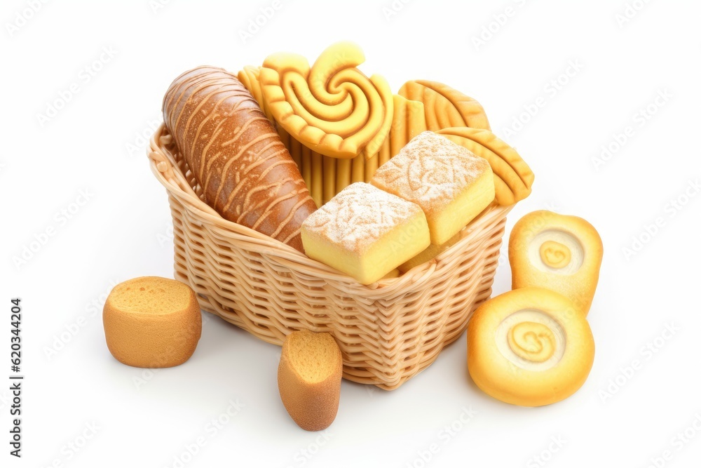 Poster basket filled with various types of pastries on a wooden table