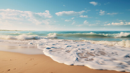 Fototapeta na wymiar Scenic Coastal Views, Waves Crashing on Sandy Beaches. Generative Ai