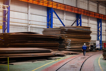 Stack of steel sheets in warehouse