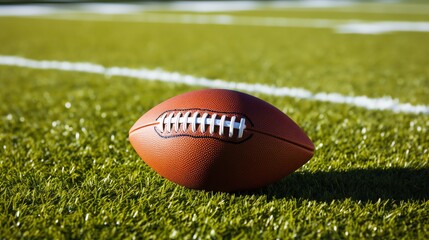 Closeup of an American football on a field