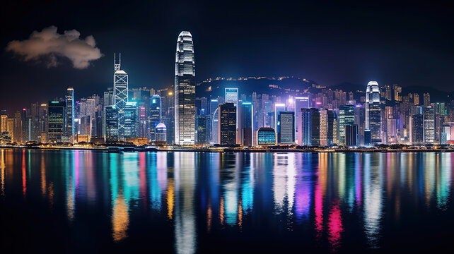 Hong Kong Iconic Skyline Illuminated at Night. Generative Ai