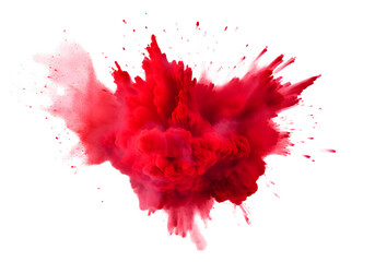 Abstract red color holi paint splashes and motion of red powder festival explosion, colorful dust exploding isolated on white background.