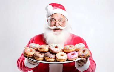 An image featuring a gleeful Santa Claus relishing donuts, radiating the pure joy and exuberance of the holiday season.