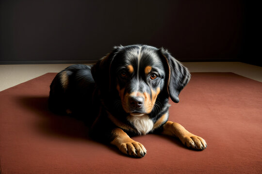 A Black And Brown Dog Laying On Top Of A Red Rug