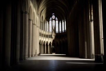 A Dimly Lit Cathedral With Columns And Stained Glass Windows