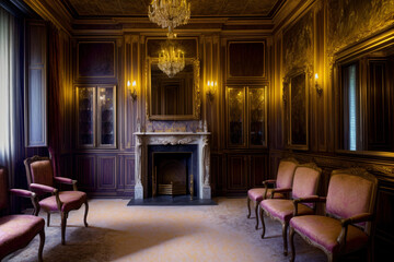 A Room With Chairs, A Fireplace And A Chandelier