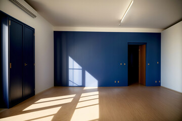 An Empty Room With Blue Walls And Wooden Floors