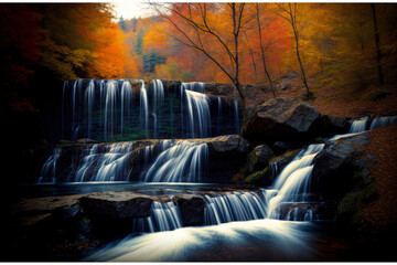 A Waterfall With Fall Foliage In The Background