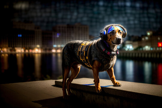 A Dog Wearing Headphones Standing On A Ledge