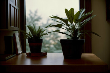 A Couple Of Plants Sitting On Top Of A Wooden Table