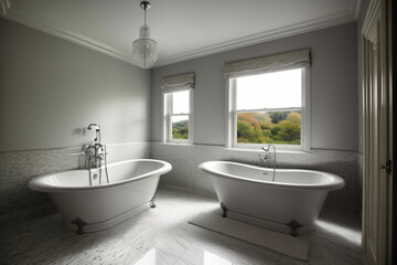 Fototapeta na wymiar A White Bath Tub Sitting Next To A Window In A Bathroom