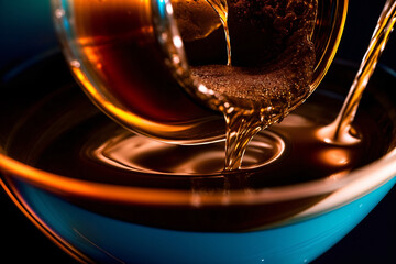 A Glass Filled With Liquid Sitting On Top Of A Blue Bowl