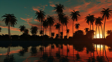 Fototapeta na wymiar palm trees reflect the reflection of the setting sun in clouds. Generative Ai
