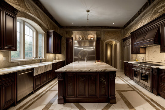 A Large Kitchen With Marble Counter Tops And Wooden Cabinets