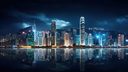 Fototapeta na wymiar Hong Kong Iconic Skyline Illuminated at Night. Generative Ai