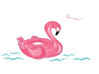 手書き・色鉛筆風のフラミンゴの浮き輪のイラスト,ピンク色の浮き輪,フラミンゴの浮き輪,夏の浮き輪、レトロなイラスト