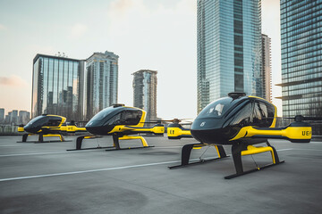Electric Air taxi eVTOL flying high over a city. Urban Air Mobility, concept of future transportation