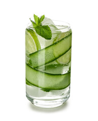 Cucumber mojito with lime and mint on white background
