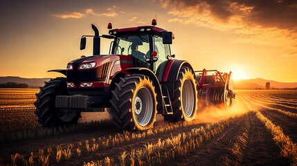 Tractor working in a field at sunset, machinery for agriculture harvesting