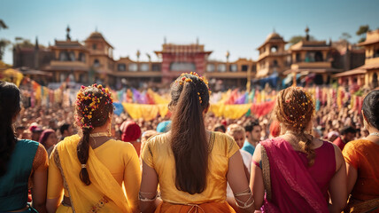 a woman with colorful head adornments looks at the big crowds in a city, Vibrant Celebrations and Festivals Around the World. Generative Ai