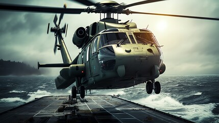 Fototapeta na wymiar Military helicopter landing on aircraft carrier
