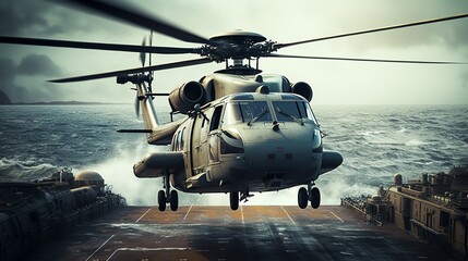 Military helicopter landing on aircraft carrier