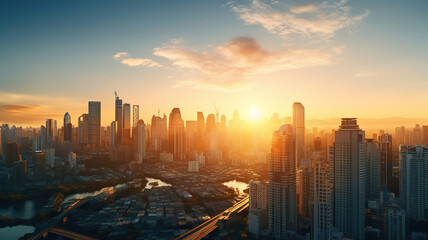 Fototapeta premium Urban Cityscape, Skyline View at Golden Hour. Generative Ai