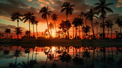 Obraz premium palm trees reflect the reflection of the setting sun in clouds. Generative Ai