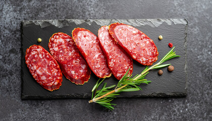 Sausage Salami with fresh rosemary and spices. stone stone background. View from above.
