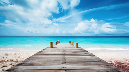 Fototapeta na wymiar a wooden walkway leading to the beach. Generative Ai
