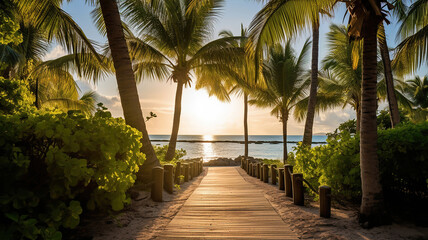 Fototapeta na wymiar walkway with palm trees leading to a tropical beach. Generative Ai
