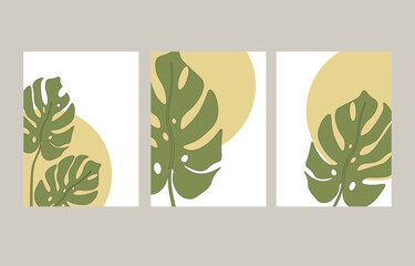 Set of poster templates with monstera leaves. Floral pattern with beige circles. Modern design. Vector illustration. For use on covers, packaging, postcards, prints, interiors, social networks, web
