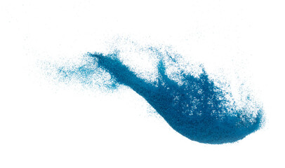 Blue Sand flying explosion, Ocean sands grain wave explode. Abstract cloud fly, colored splash...