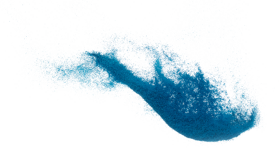 Blue Sand flying explosion, Ocean sands grain wave explode. Abstract cloud fly, colored splash throwing in Air. White background Isolated high speed shutter, throwing freeze stop