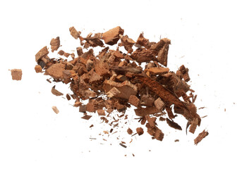 Coconut peel husk flying explosion, coconut chopped big L size abstract cloud fly. Coconut shell peel fertilizer splash throwing in Air. White background Isolated high speed shutter, freeze action