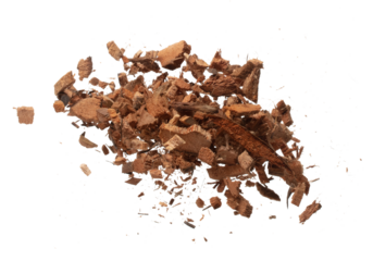 Coconut peel husk flying explosion, coconut chopped big L size abstract cloud fly. Coconut shell peel fertilizer splash throwing in Air. White background Isolated high speed shutter, freeze action