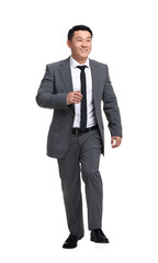 Businessman in suit walking on white background