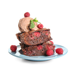 Plate with raspberry chocolate brownie and ice-cream on white background