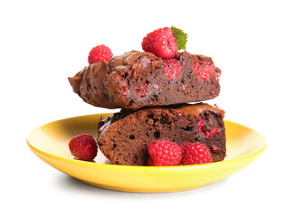 Plate with pieces of raspberry chocolate brownie on white background